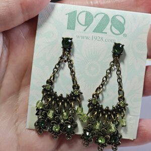 1928 Gold Tone Green Rhinestone Chandelier Earrings Nwt